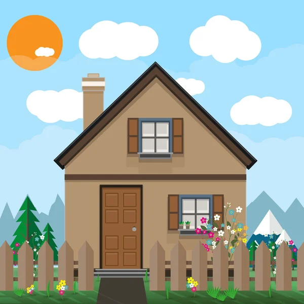 Casa de madeira marrom e jardim com flores. montanhas, céu azul, nuvens brancas. Sol. fundo de verão, ilustração vetorial em design plano — Vetor de Stock