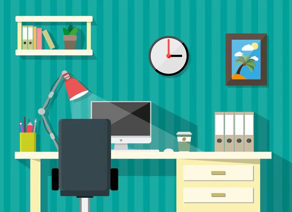 Moderní domácí nebo obchodní pracovní prostor. psací stůl, papíry, hodiny, stolní PC, kávový pohár, lampa, pero, rám obrazu s dlaní a sluncem, vektorová ilustrace v plochém designu — Stockový vektor
