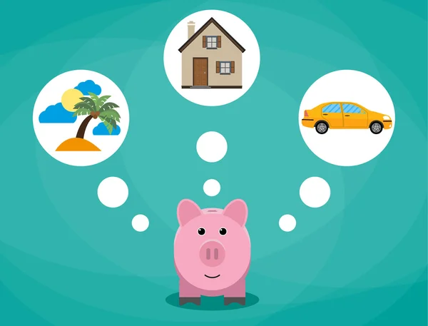 Karikatür pembe kumbara tatil, araba ve house.investment, tasarruf gelecek planlama kavramı düz tasarım, yeşil arka plan vecor illüstrasyon hakkında rüya