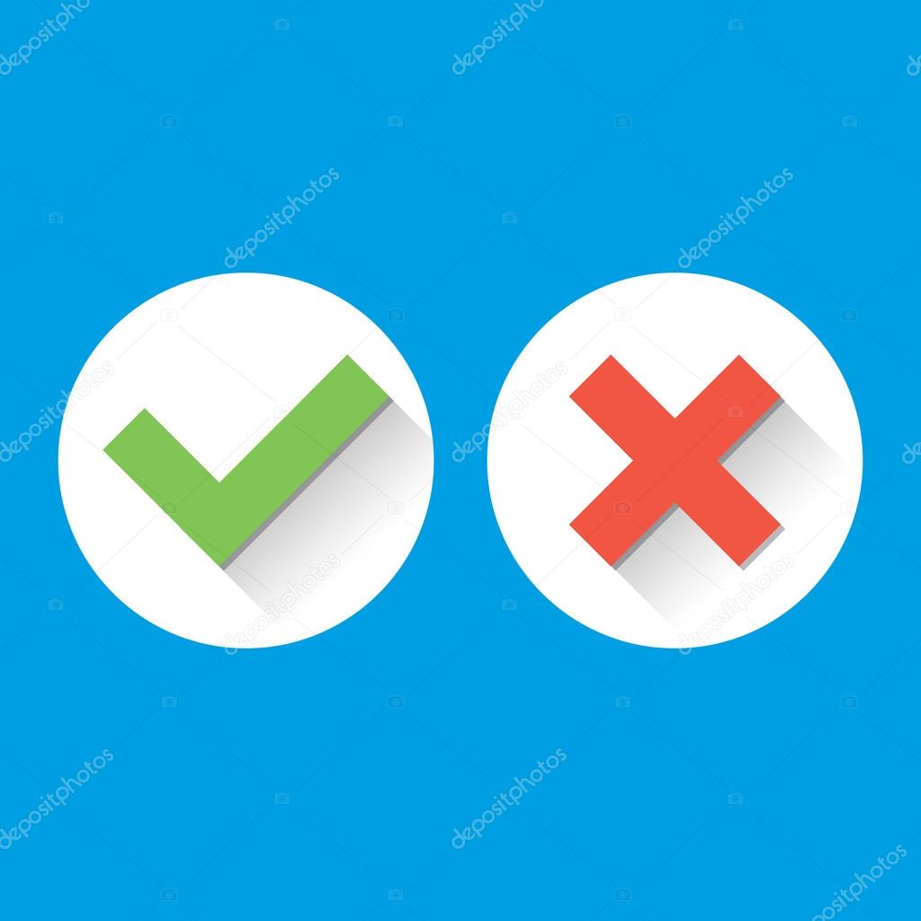 Simple Check Marks. icons with long shadows in flat style. Green Tick Red Cross Represents Confirmation, Right and Wrong Choices concepts, Vector illustration
