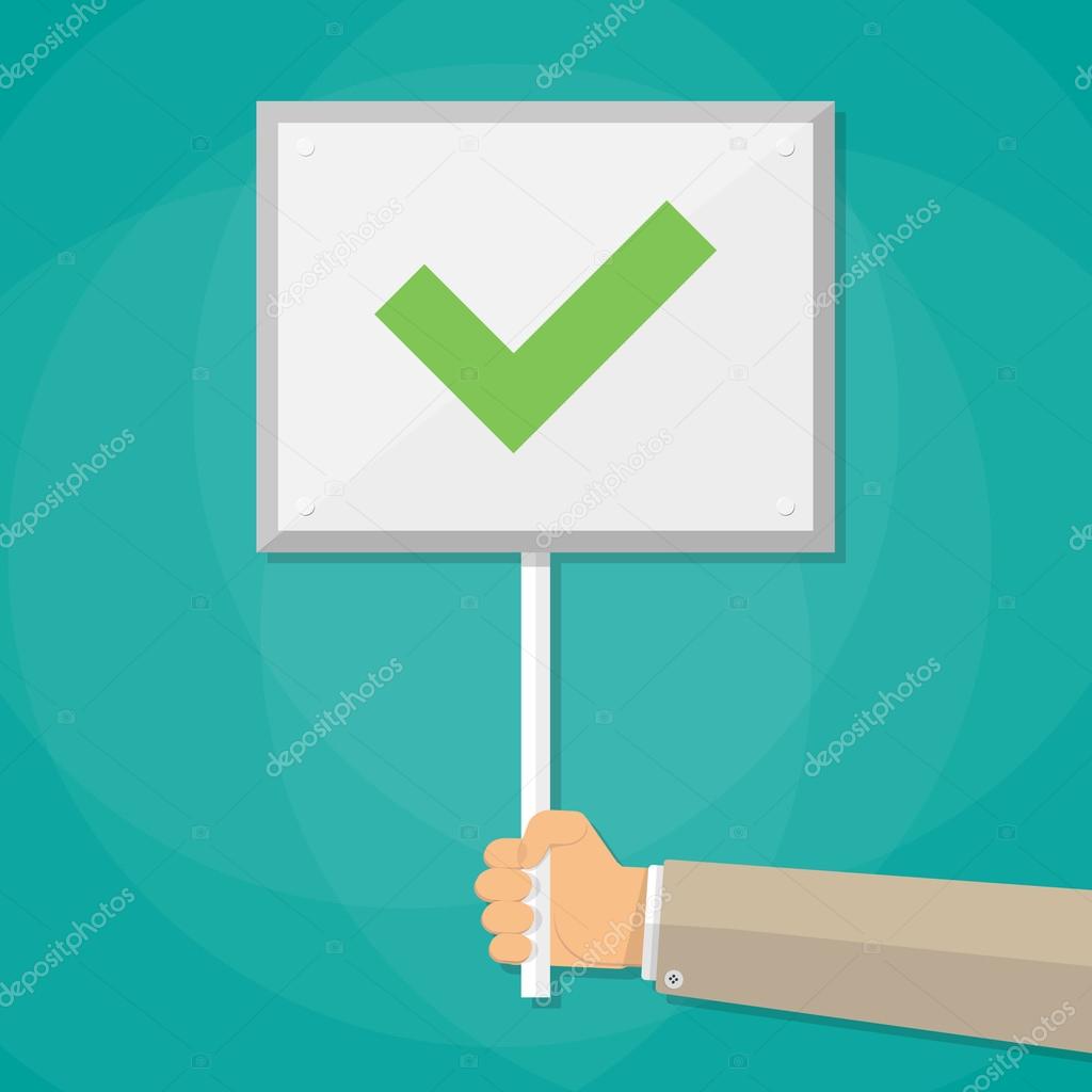 Cartoon Businessman hand hold sign with tick. positive checkmark in center. right choice concept. vector illustration flat design on green background.