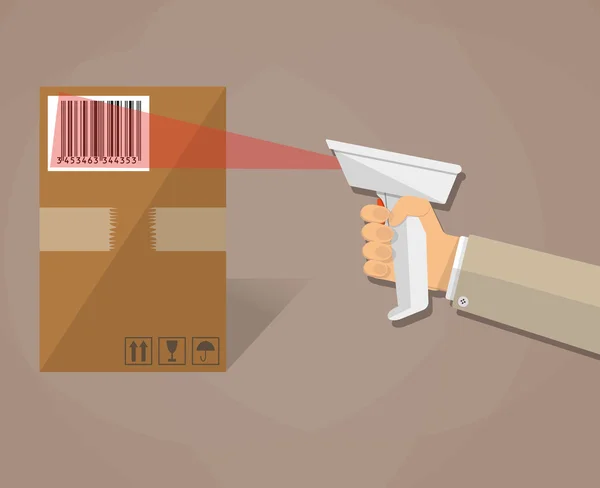 Mano está escaneando una caja con código de barras — Vector de stock