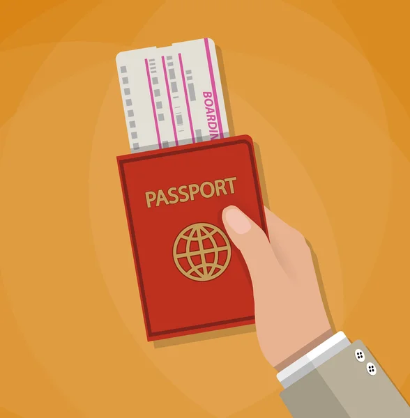 Tarjeta de embarque y pasaporte en mano — Vector de stock