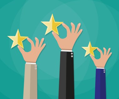 Hands of customers placing rating stars clipart