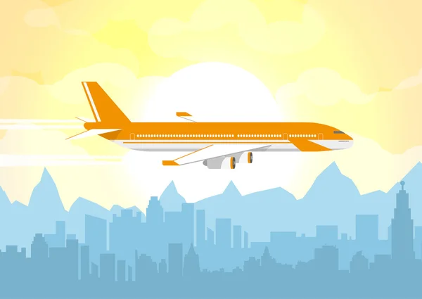 Avión volando sobre ciudad urbana — Vector de stock