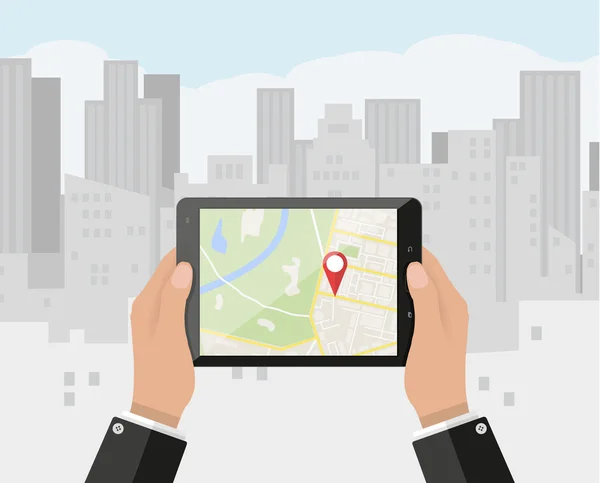 Handen håller smartphone med navigering app — Stock vektor