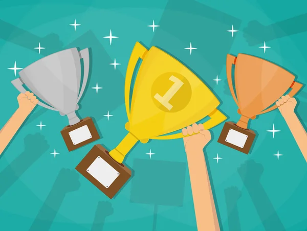 Ruce držící trofeje, poháry pro vítěze — Stockový vektor