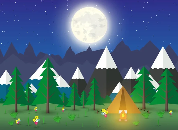 Camping de verano con fogata — Vector de stock