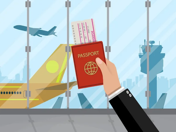 Άνθρωπος με διαβατήριο και εισιτήριο στο εσωτερικό του αεροδρομίου — Διανυσματικό Αρχείο
