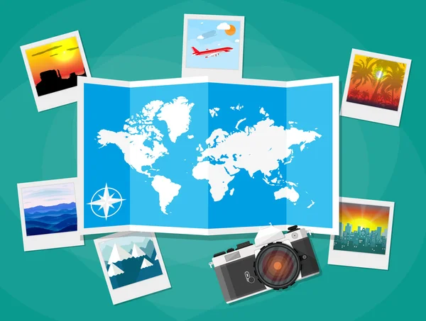 Photos de voyage avec appareil photo et carte — Image vectorielle
