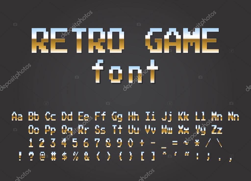 Pixel retro font Video computer game design 8 bit letters and numbers Electronic futuristic style. vector illustration
