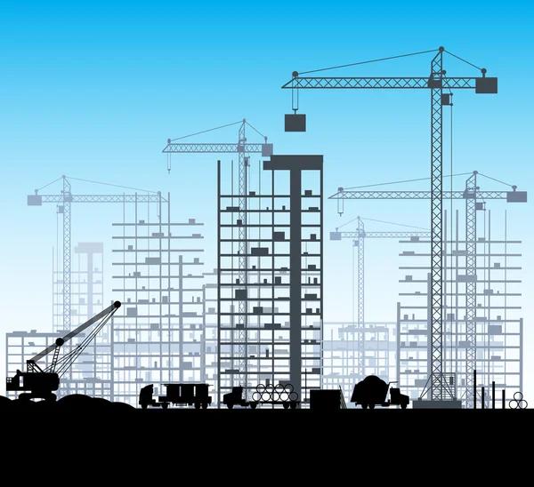 Byggarbetsplats med byggnader och kranar — Stock vektor