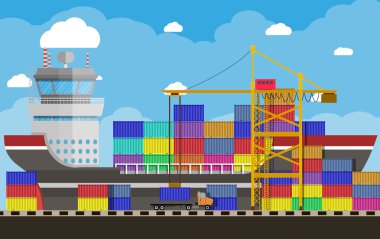 cargo ship, container crane, truck. port logistics clipart