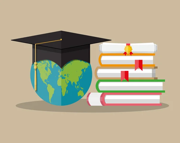 Globo, boné de formatura, livros, diploma. educação —  Vetores de Stock