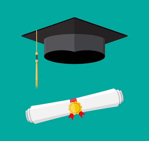 Diploma em papel com carimbo e boné de graduação — Vetor de Stock
