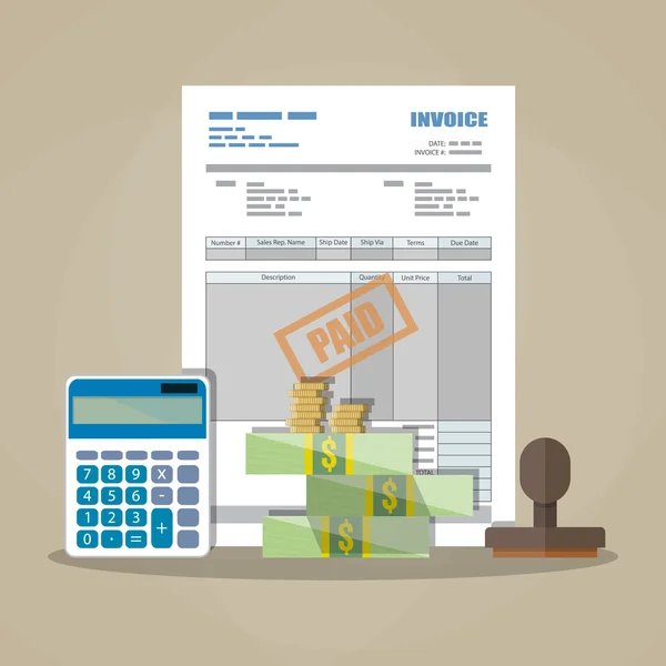 Factura en papel, sello de pago, calculadora, dinero en efectivo — Archivo Imágenes Vectoriales