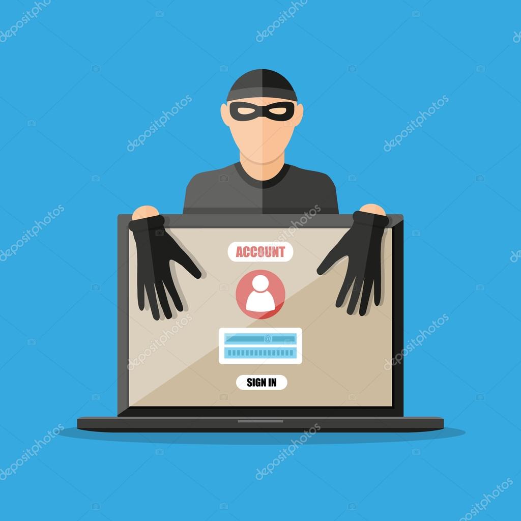 Thief hacker in mask stealing passwords from laptop. anti phishing and internet viruses concept. vector illustration in flat style on blue background