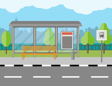 Otobüs durağı ile tezgah ve şehir arka plan