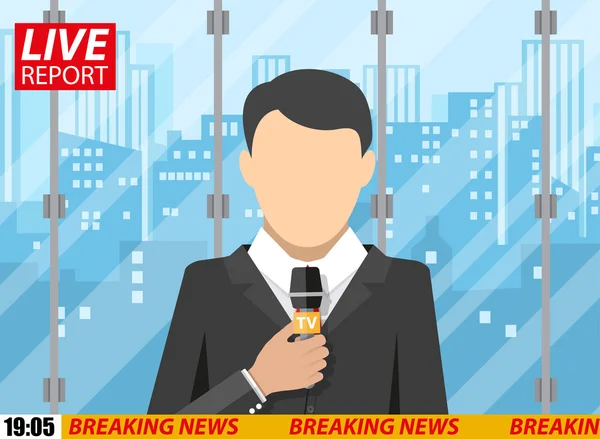 News reporter men with microphone, office building — Stock Vector