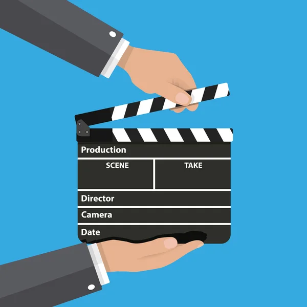 Negro abierto clapperboard en las manos . — Archivo Imágenes Vectoriales