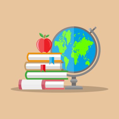 Eğitim kavramı. Dünya, kitap, yığını elma.
