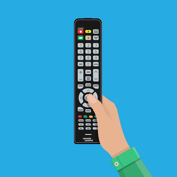 Mano humana con control remoto moderno negro de la TV — Vector de stock