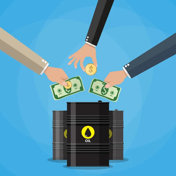 Businessman hand picking up money into oil barrel — Stock Vector