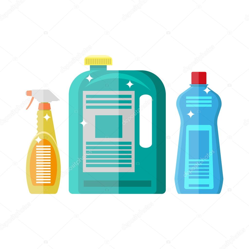 Household chemistry cleaning. plastic bottles, household cleaning container design. vector illustration in flat style isolated on white