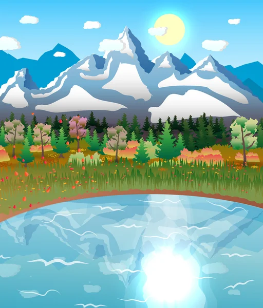 Naturaleza paisaje bosque montañas lago sol — Vector de stock