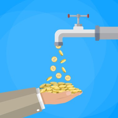 Money coins flows to hand from tap clipart