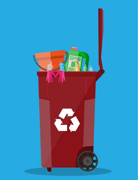 Recycle bin szeméttároló tele van műanyag dolog — Stock Vector