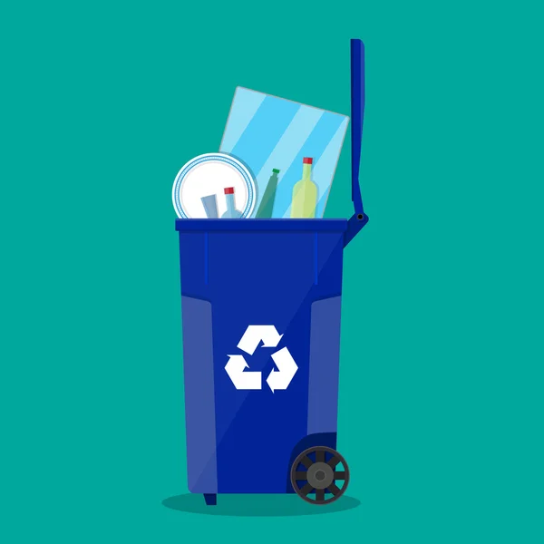 Recycle bin for garbage full of glass things. — Stock Vector