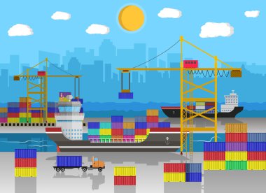 cargo ship, container crane, truck. port logistics clipart