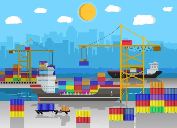 Vrachtschip, container kraan, vrachtwagen. haven logistiek — Stockvector