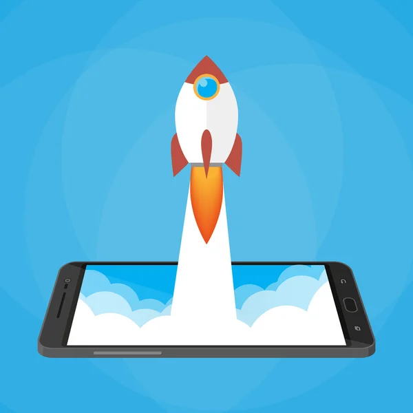 Rocket launched from the phone. start up — Stock Vector
