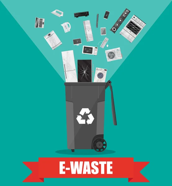 E-waste recycle bin with old electronic equipment — Stock Vector