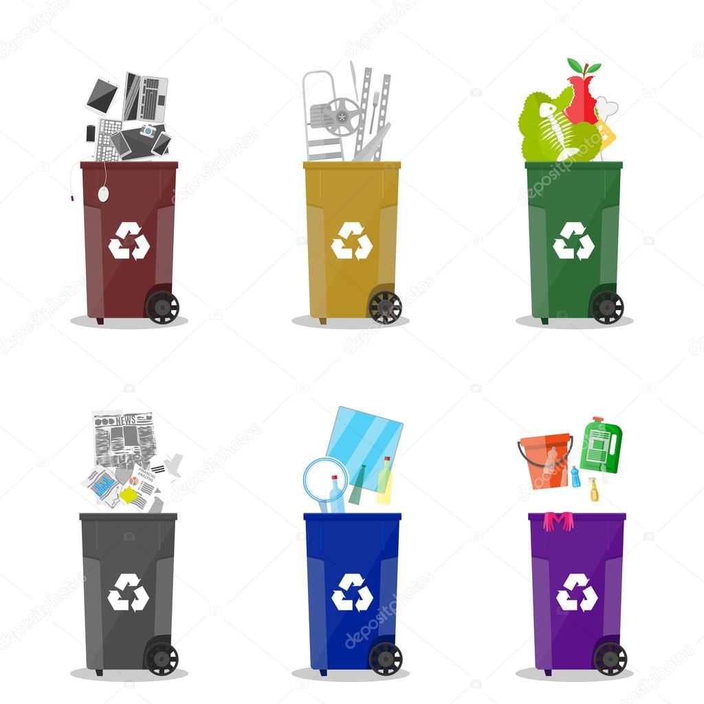 Diffrent waste recycling categories. Garbage bins