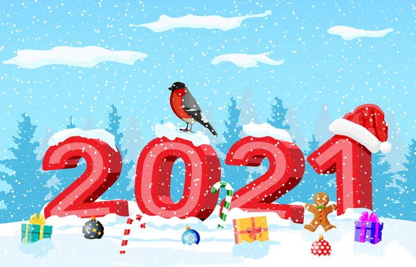 メリークリスマスと新年の休日は2021大胆な文字でクリスマスカードを迎える サンタクラスの帽子 ギフトボックス キャンディス ガラスボールとジンジャーブレッドの男 ブルフィンチ冬の鳥だ 平面ベクトル図 — ストックベクタ