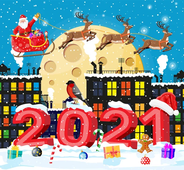 サンタクロースはトナカイそりに乗る クリスマス冬の都市景観 雪の結晶 明けましておめでとうございます メリークリスマス休暇 新年とクリスマスのお祝い ベクトルイラストフラットスタイル — ストックベクタ