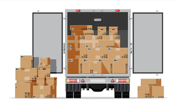 트레일러의 뒷모습에 상자가 박스들이 운반하는 상업용 트럭을 급송하라 빠르고 무료로 — 스톡 벡터