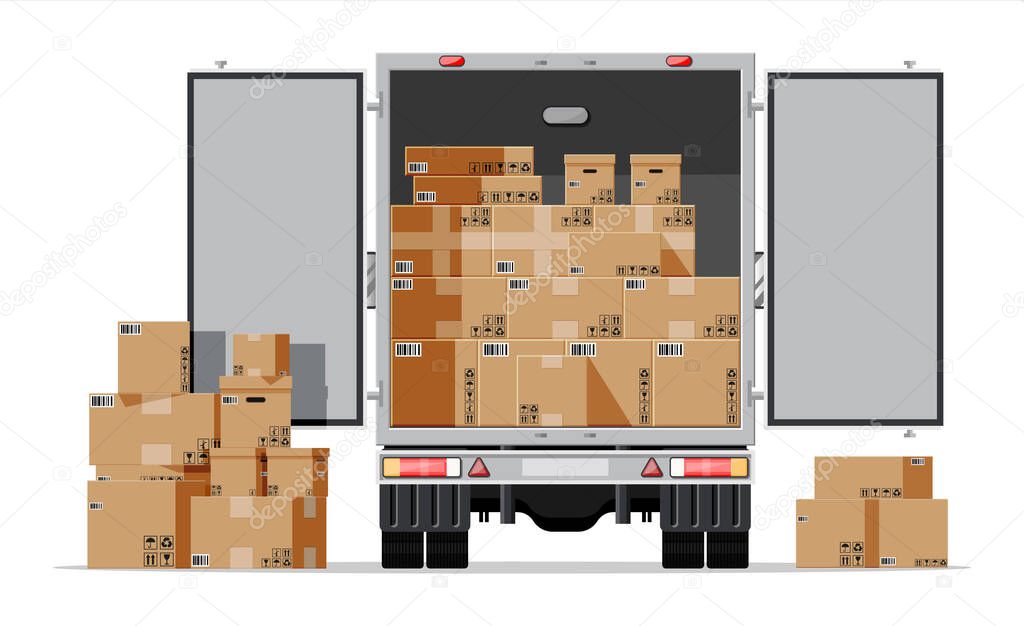 Truck trailer rear view loaded with cardboard boxes. Delivery van with pile of boxes. Express delivering services commercial truck. Fast and free delivery. Cargo logistic. Flat vector illustration
