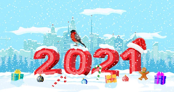 クリスマス冬の街の風景 雪の結晶と木 シティパークスノーアリーとビル 明けましておめでとうございます メリークリスマス休暇 新年とクリスマスのお祝い ベクトルイラストフラットスタイル — ストックベクタ