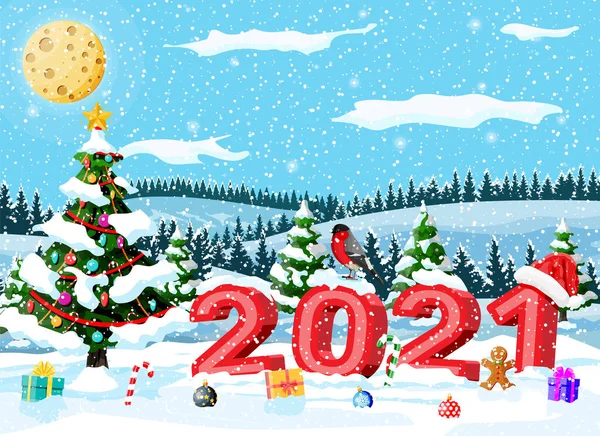 크리스마스와 인사말 Xmas 카드에는 2021 글씨가 클로스 불핀치 일러스트 — 스톡 벡터