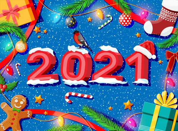 クリスマスグリーティングカードの背景 ギフトボックス キャンディス ホリー ソック ジンジャーブレッドマン ボールファーブランチ 願い事はクリスマスの大晦日を提示します ベクトルイラストフラットスタイル — ストックベクタ