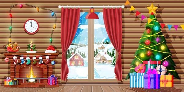 Interior Navidad Habitación Con Árbol Ventana Regalos Chimenea Decorada Feliz — Vector de stock