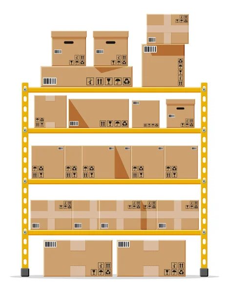 Półki metalowe z brązowymi pudełkami kartonowymi. — Wektor stockowy