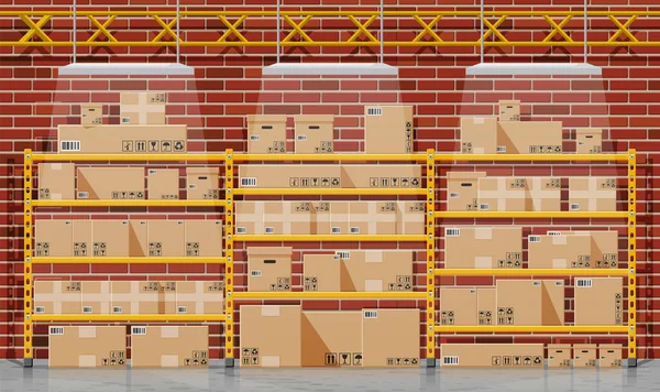 Interno del magazzino con merci e container — Vettoriale Stock