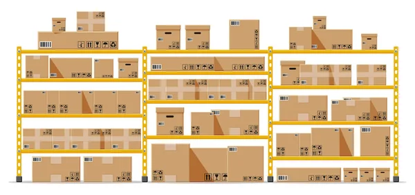 Estantes Metálicos Con Cajas Cartón Marrón Paquete Mercancías Contenedores Conjunto — Vector de stock