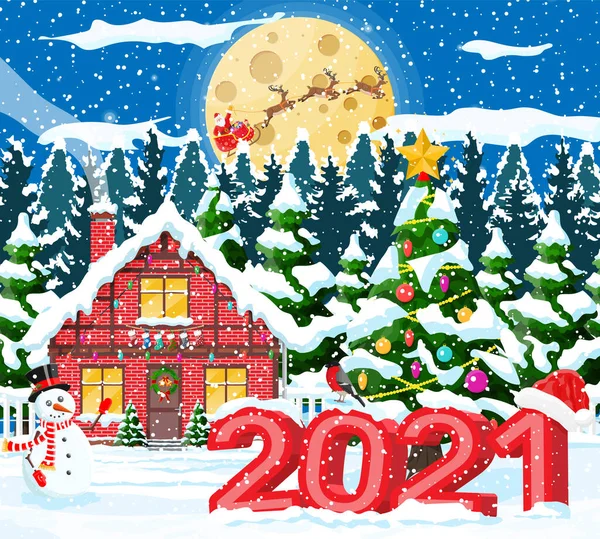 郊外の住宅は雪に覆われた 休日の飾りの建物 クリスマスの風景ツリーのトウヒ 雪だるま 明けましておめでとうございます メリークリスマス 新年のクリスマスのお祝い ベクターイラスト — ストックベクタ
