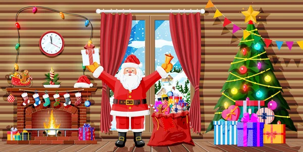 Vánoční Interiér Pokoje Santa Claus Strom Okno Dárky Zdobený Krb — Stockový vektor